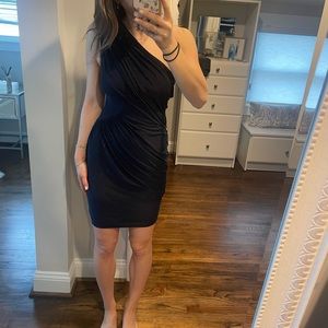 Ruched dark navy blue form fitting slinky one shoulder dress - Soprano, size S
